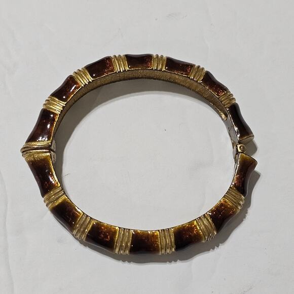 Kenneth Jay Lane Gold Plated Enamel‎ Bamboo Hinged Bangle Bracelet - Picture 1 of 7